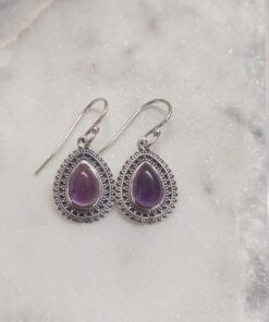 Amethyst Cabochon Teardrop Earrings in Jali Setting