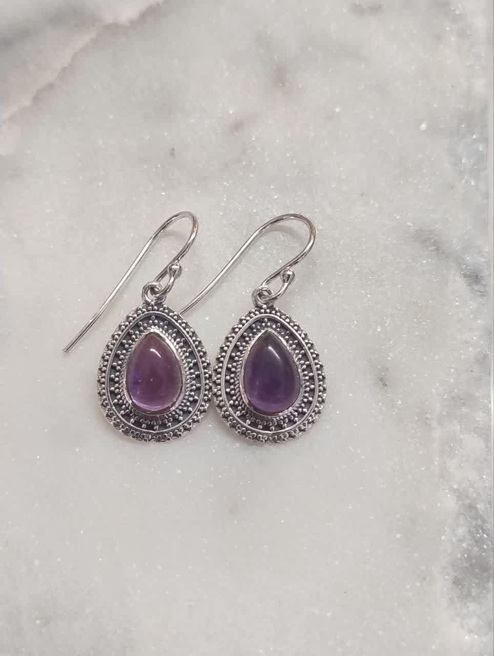 Amethyst Cabochon Teardrop Earrings in Jali Setting