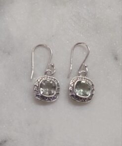 Green Amethyst Faceted Square Earrings Bezel Set