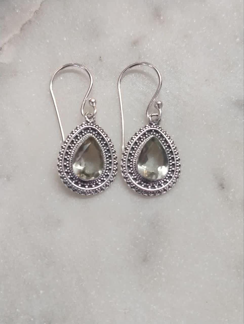 Green Amethyst Faceted Teardrop Earrings in Jali Setting