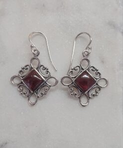 Garnet Cabochon Square Earrings in Filagree Setting