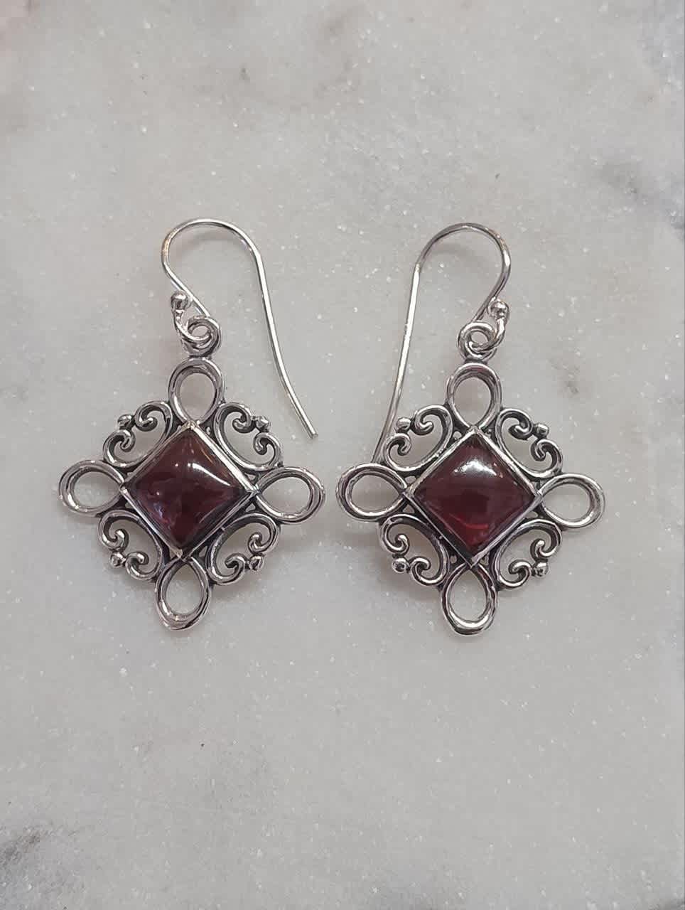 Garnet Cabochon Square Earrings in Filagree Setting