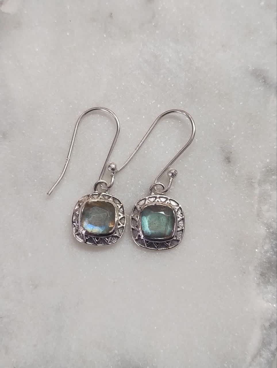 Labradorite Faceted Square Earrings Bezel Set