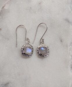 Moonstone Cabochon Square Earrings Bezel Set
