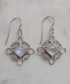 Moonstone Cabochon Square Earrings in Filagree Setting