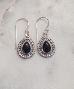 Black Onyx Cabochon Teardrop Earrings in Jali Setting