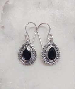 Black Onyx Faceted Teardrop Earrings in Jali Setting