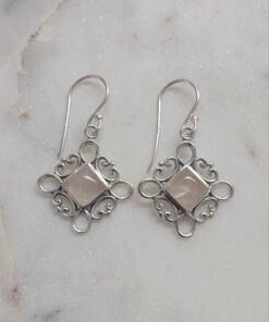 Rose Quartz Cabochon Square Earrings in Filagree Setting