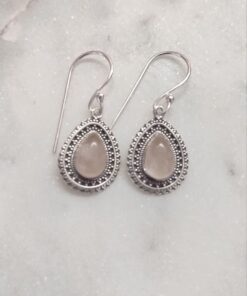 Rose Quartz Cabochon Teardrop Earrings in Jali Setting
