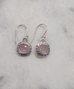 Rose Quartz Faceted Square Earrings Bezel Set