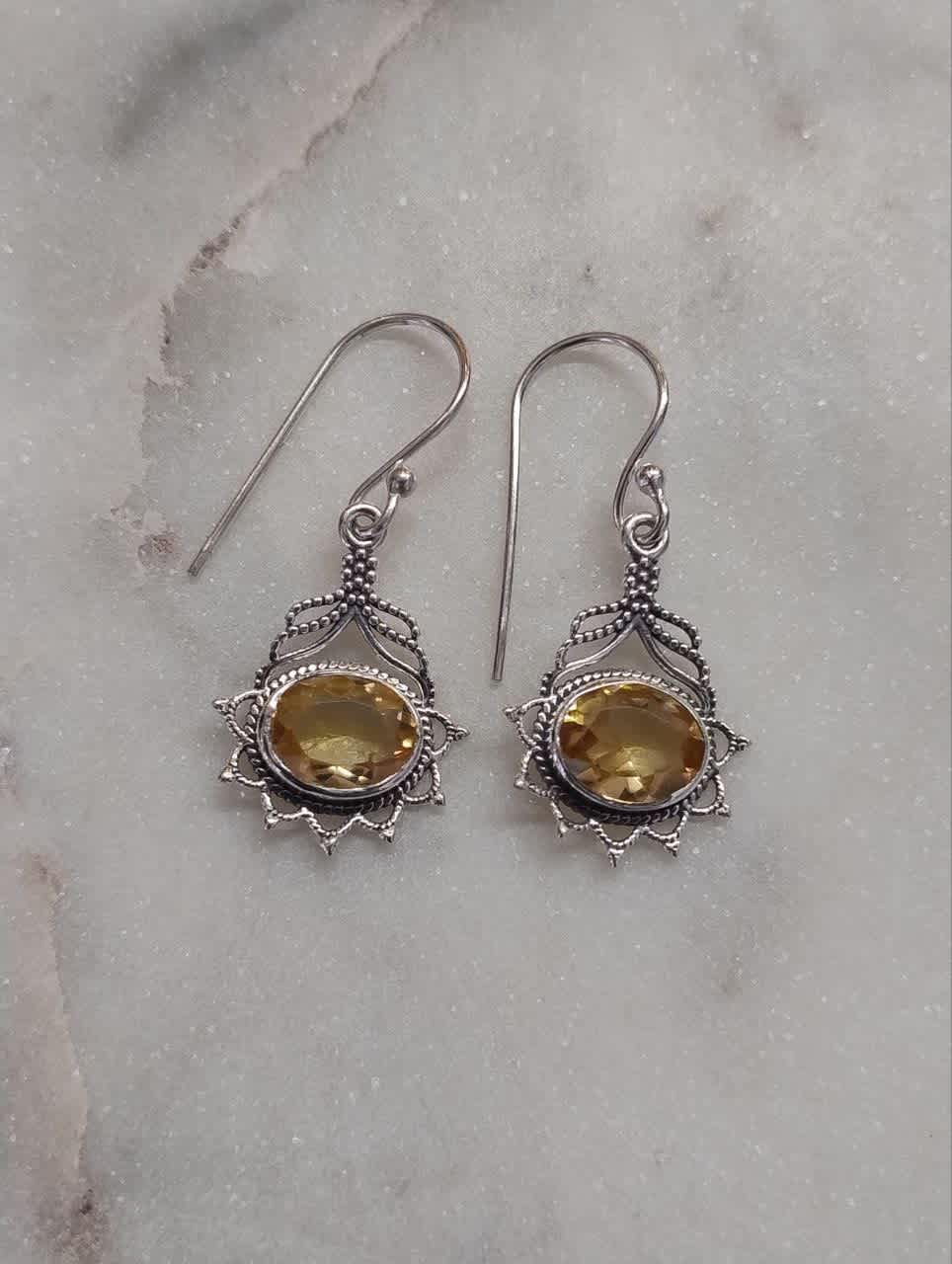 Citrine Faceted Oval Earrings in 'Sunflower' Setting