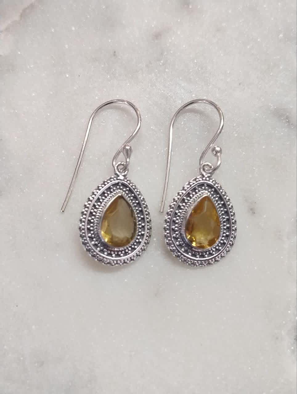 Citrine Faceted Teardrop Earrings in Jali Setting