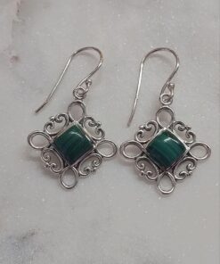 Malachite Cabochon Square Earrings in Filagree Setting