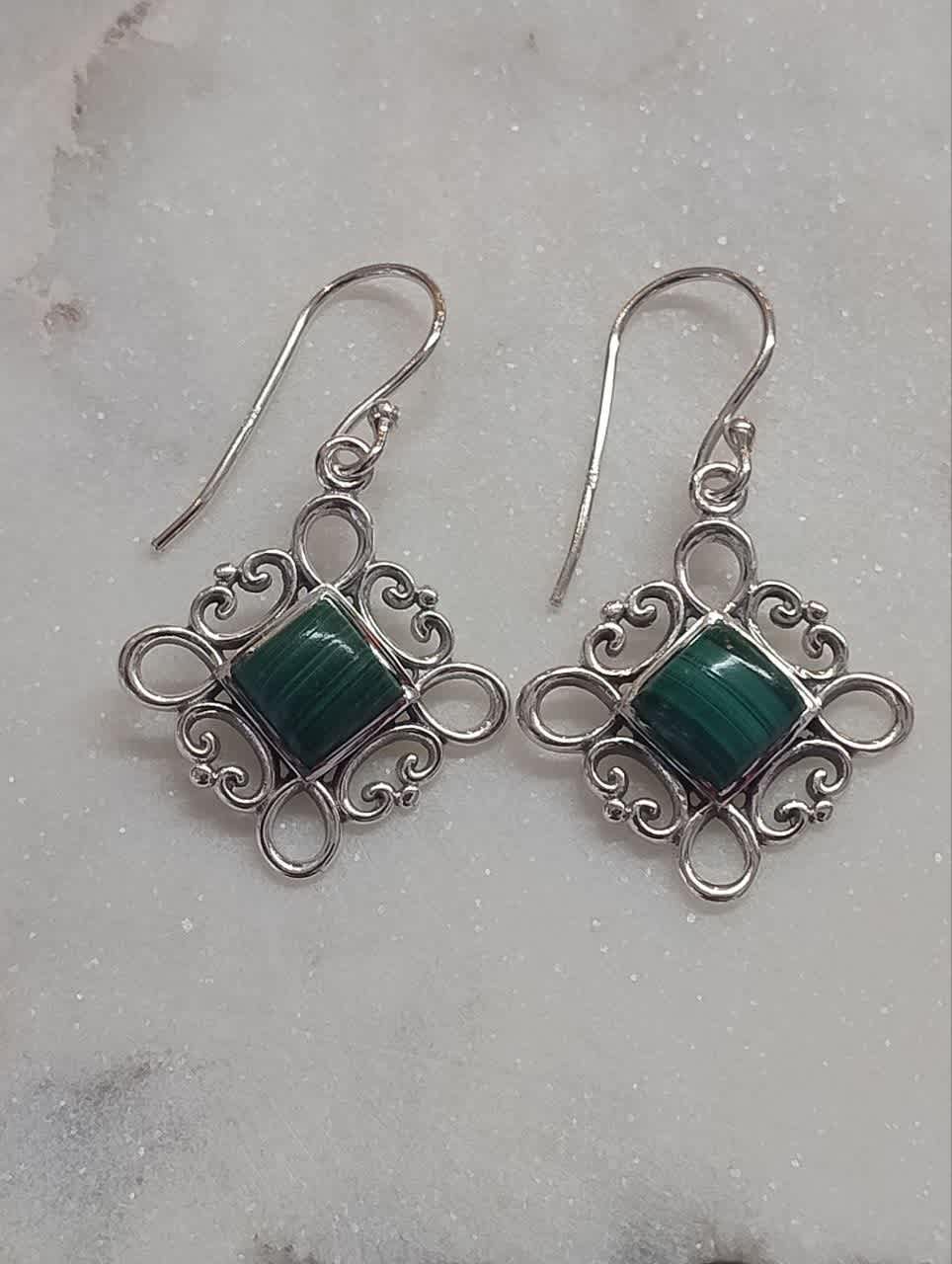 Malachite Cabochon Square Earrings in Filagree Setting