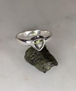 Moldavite Faceted Trillion Bezel Set Ring s7.5