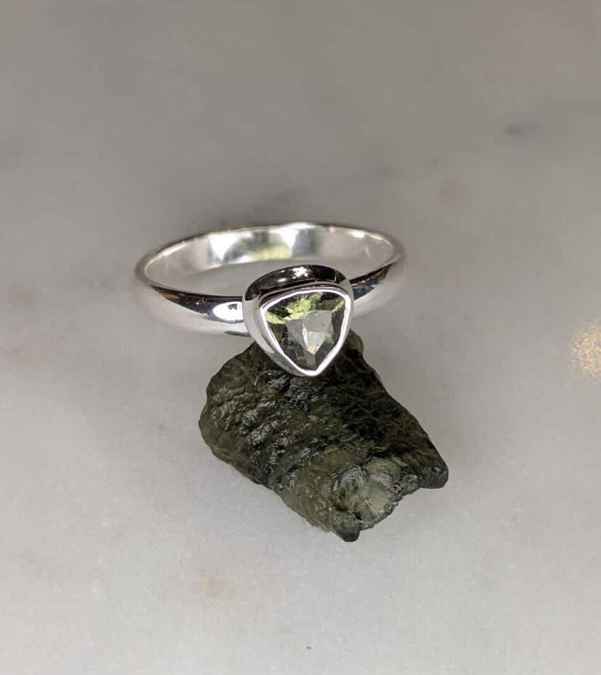 Moldavite Faceted Trillion Bezel Set Ring s7.5