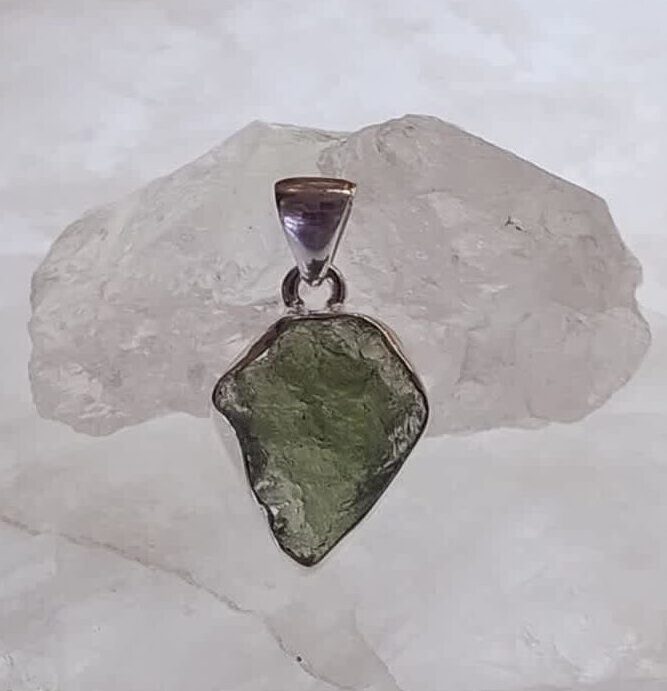 Moldavite Raw Organic Pendant Bezel Set