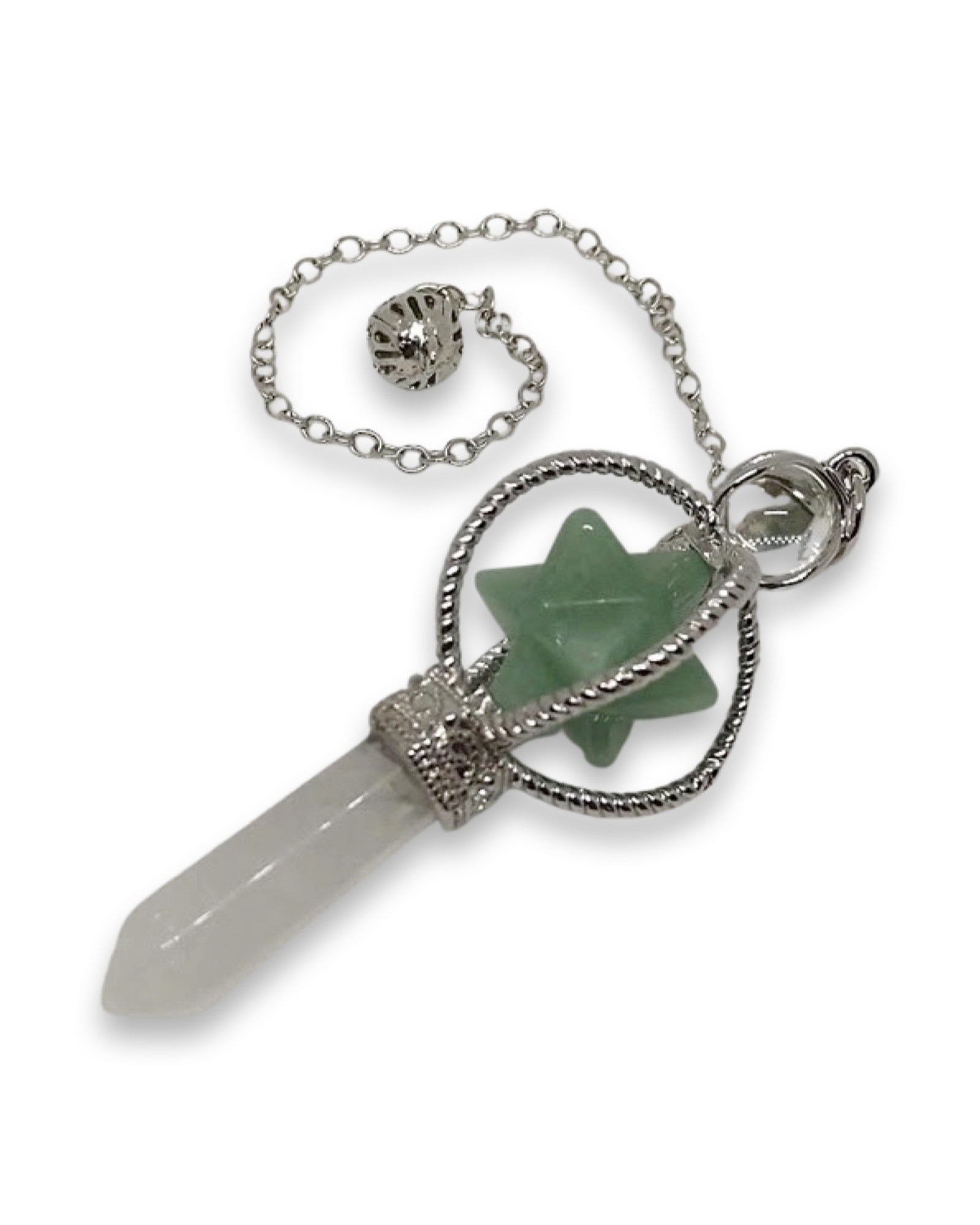 Crystal Pendulum Green Aventurine Merkabah Cage w Quartz Point