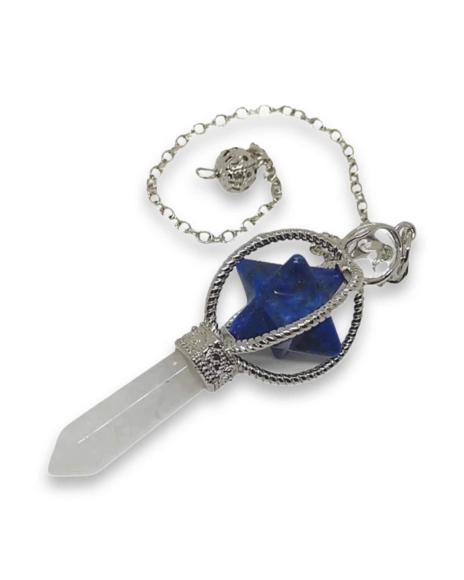 Crystal Pendulum Sodalite Merkabah Cage w Quartz Point