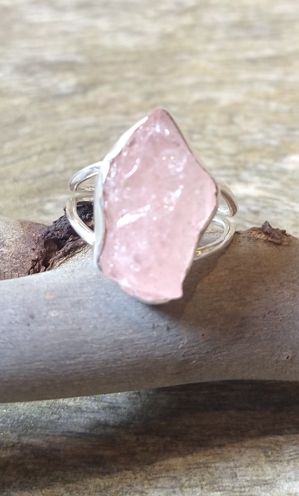 Ring: Raw Morganite Crystal Set in 925 Sterling Silver (S 1/2) - Image 3