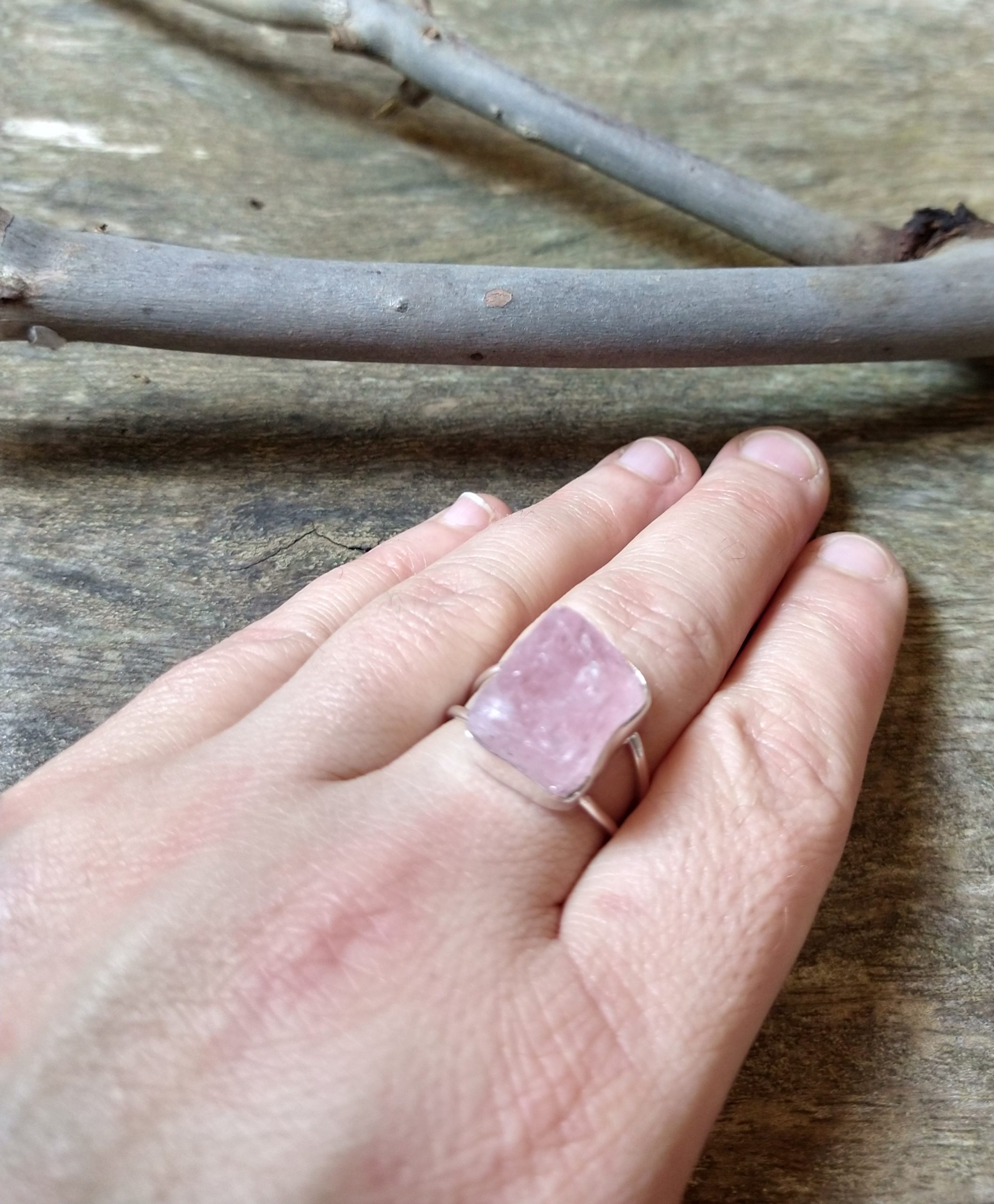 Ring: Raw Morganite Crystal Set in 925 Sterling Silver (S ) - Image 2