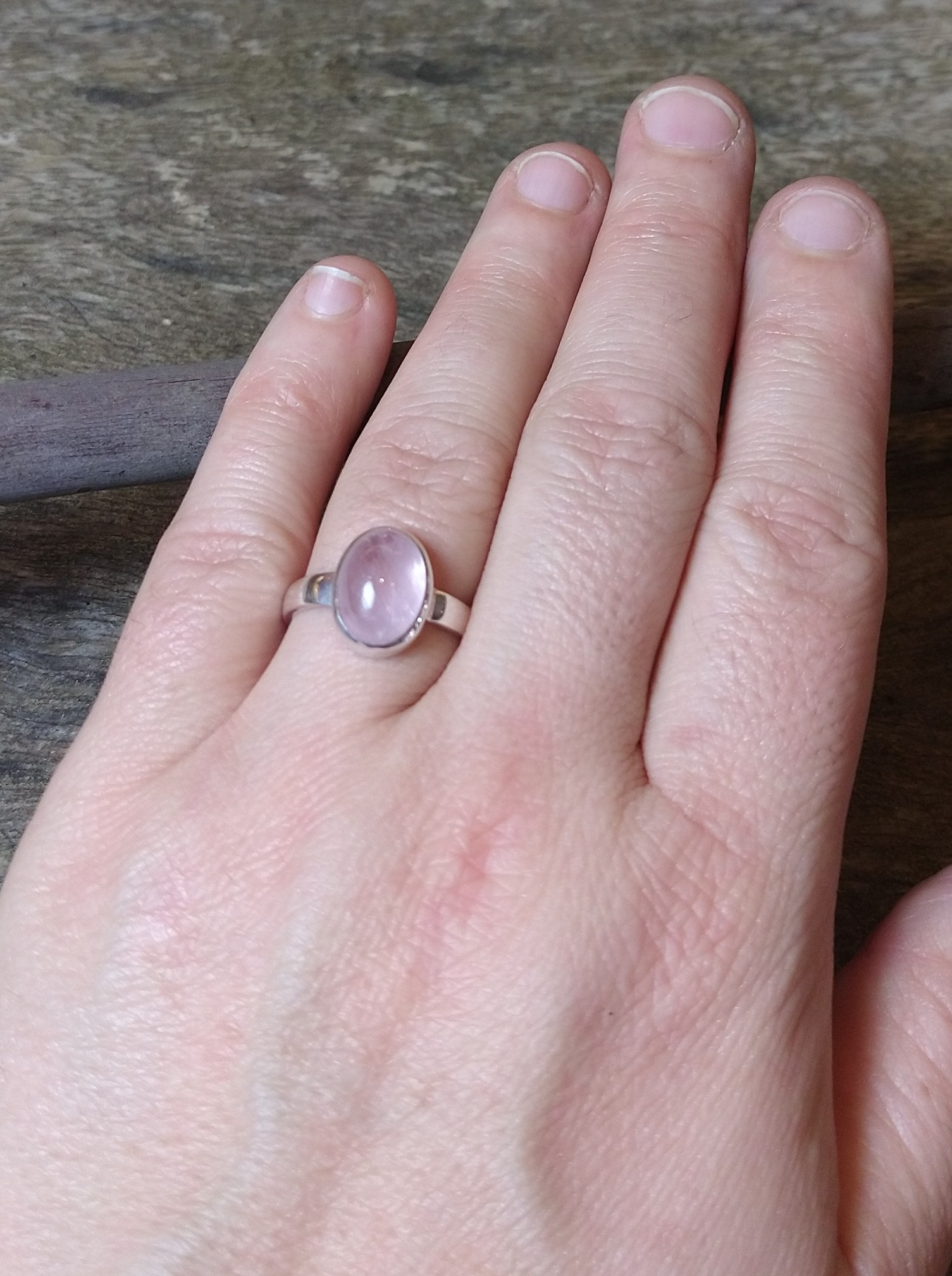 Ring: Cabachon Cut & Polished Morganite Crystal Set in 925 Sterling Silver (P 1/2 ) - Image 2