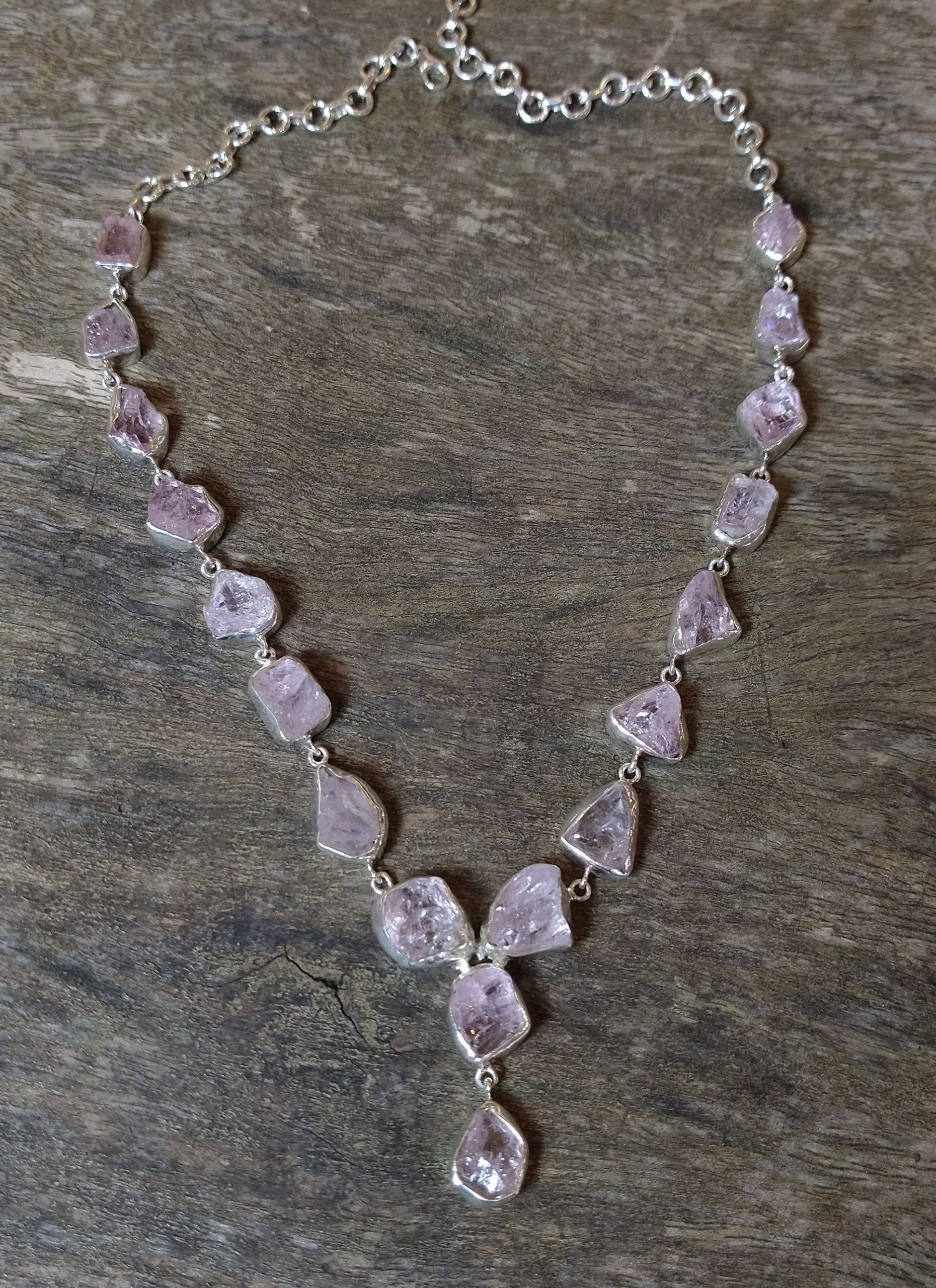 Necklace: Raw Morganite Crystal Set in 925 Sterling Silver