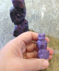 Alternative view of Natural Crystals: Hand Carved and Polished Charoite Owls