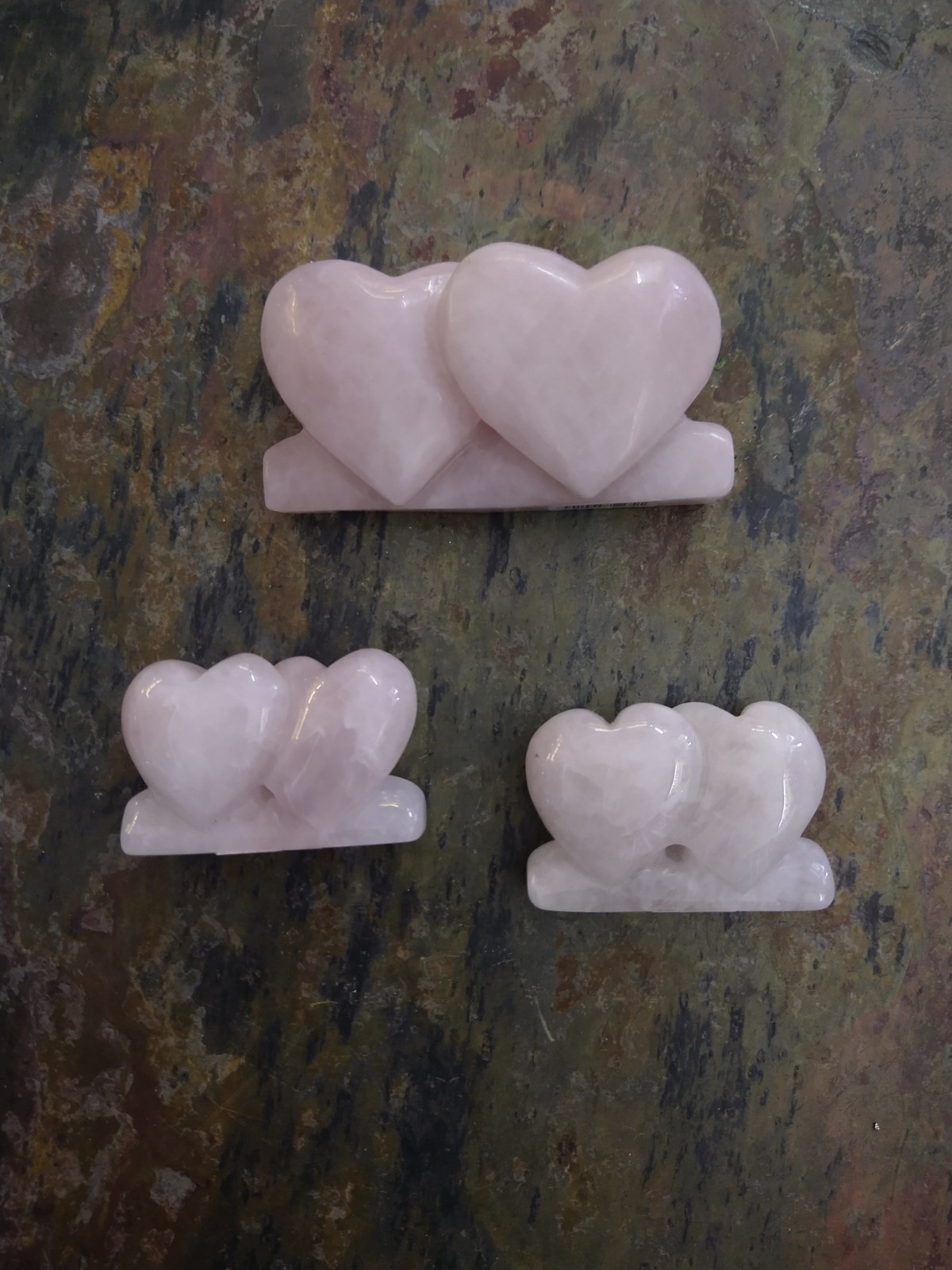 Natural Crystals: Hand Carved & Polished Rose Quartz Twin Hearts W/Flat Base