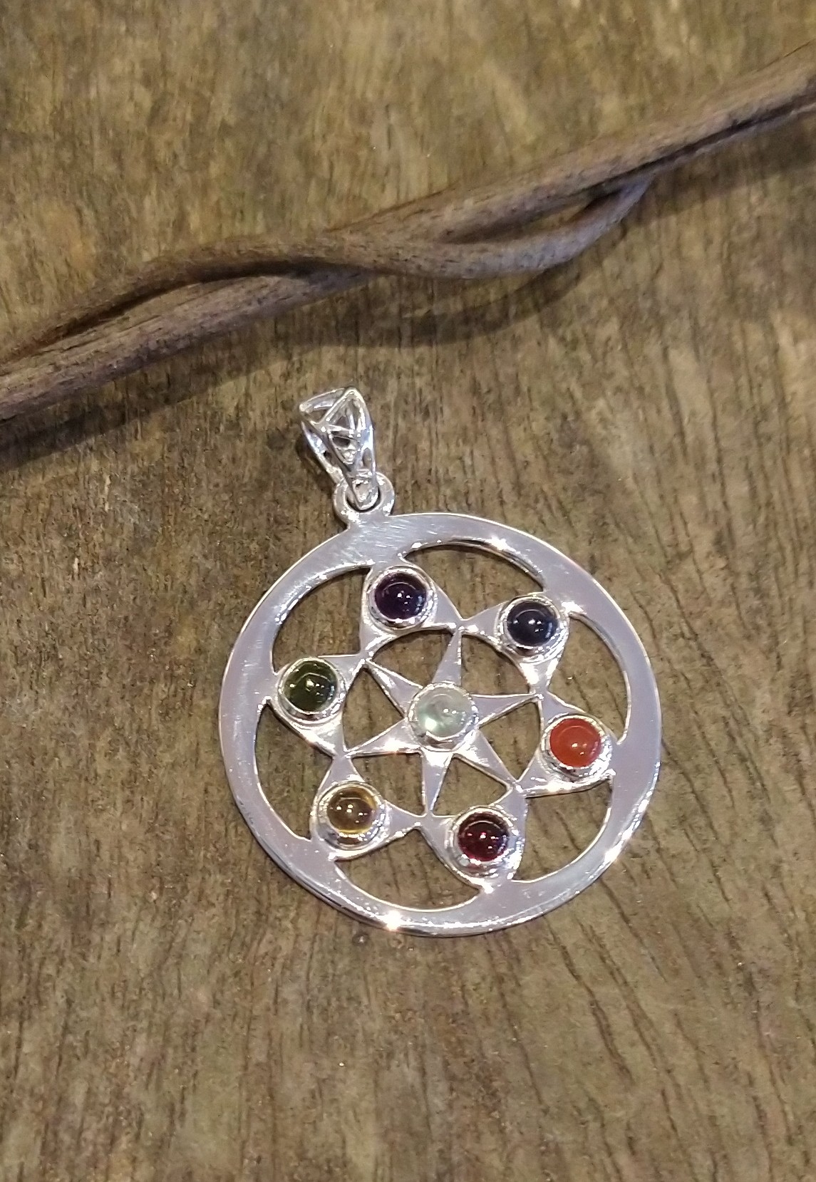 Chakra Pendant: 7 Cabochon Cut Gemstones to Represent the Chakras (Energy Centers) Set in 925 Sterling Silver