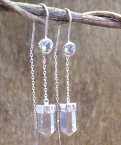 Earrings: Cut & Polished Clear Quartz & Faceted Blue Topaz Crystals Set in Sterling Silver