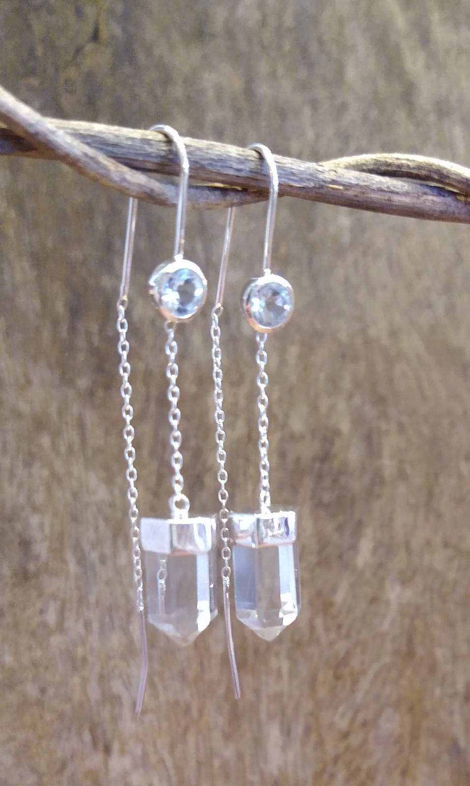 Earrings: Cut & Polished Clear Quartz & Faceted Blue Topaz Crystals Set in Sterling Silver