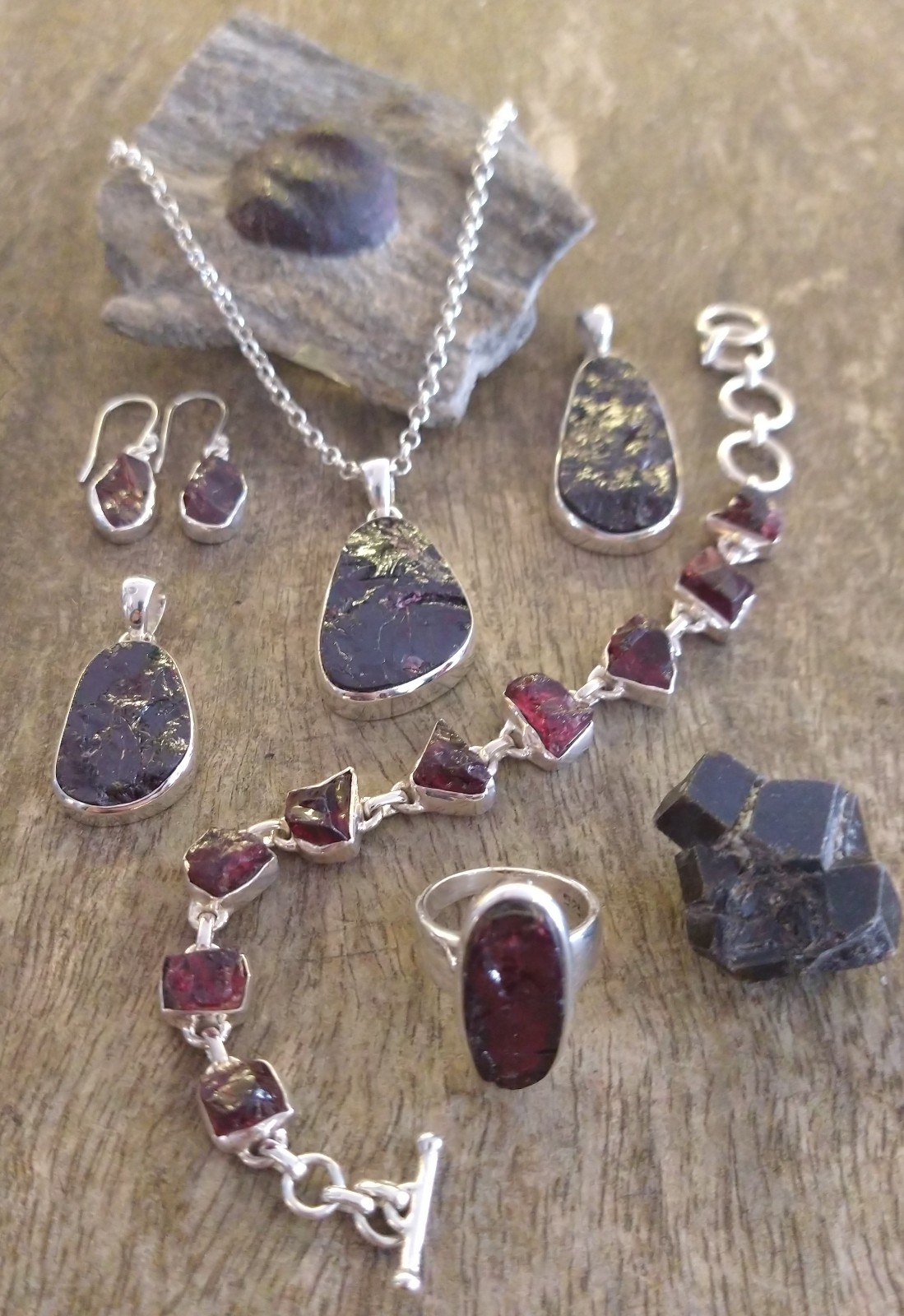Garnet Jewellery: Cut Natural Raw Crystals Set in 925 Sterling Silver