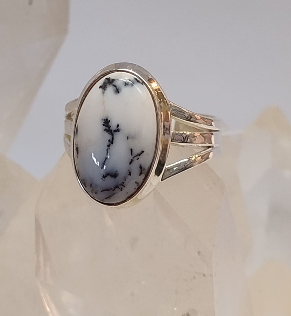 Dendritic Agate Cabochon Oval Split Band Ring s8 | 925 Sterling Silver