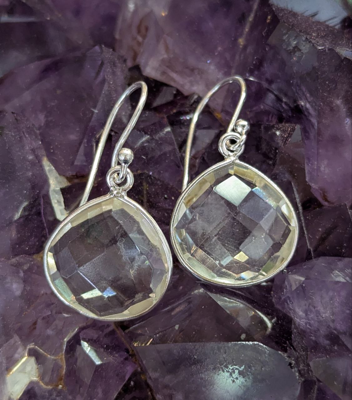 Clear Quartz Checkerboard Fat Teardrop Earrings | 925 Sterling Silver