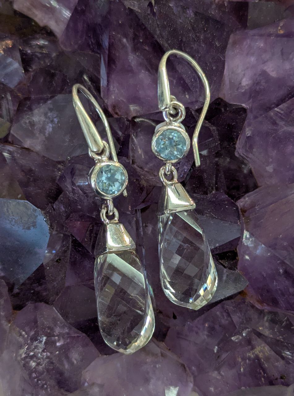 Clear Quartz and Blue Topaz Twisted Multi Stone Earrings | 925 Sterling Silver