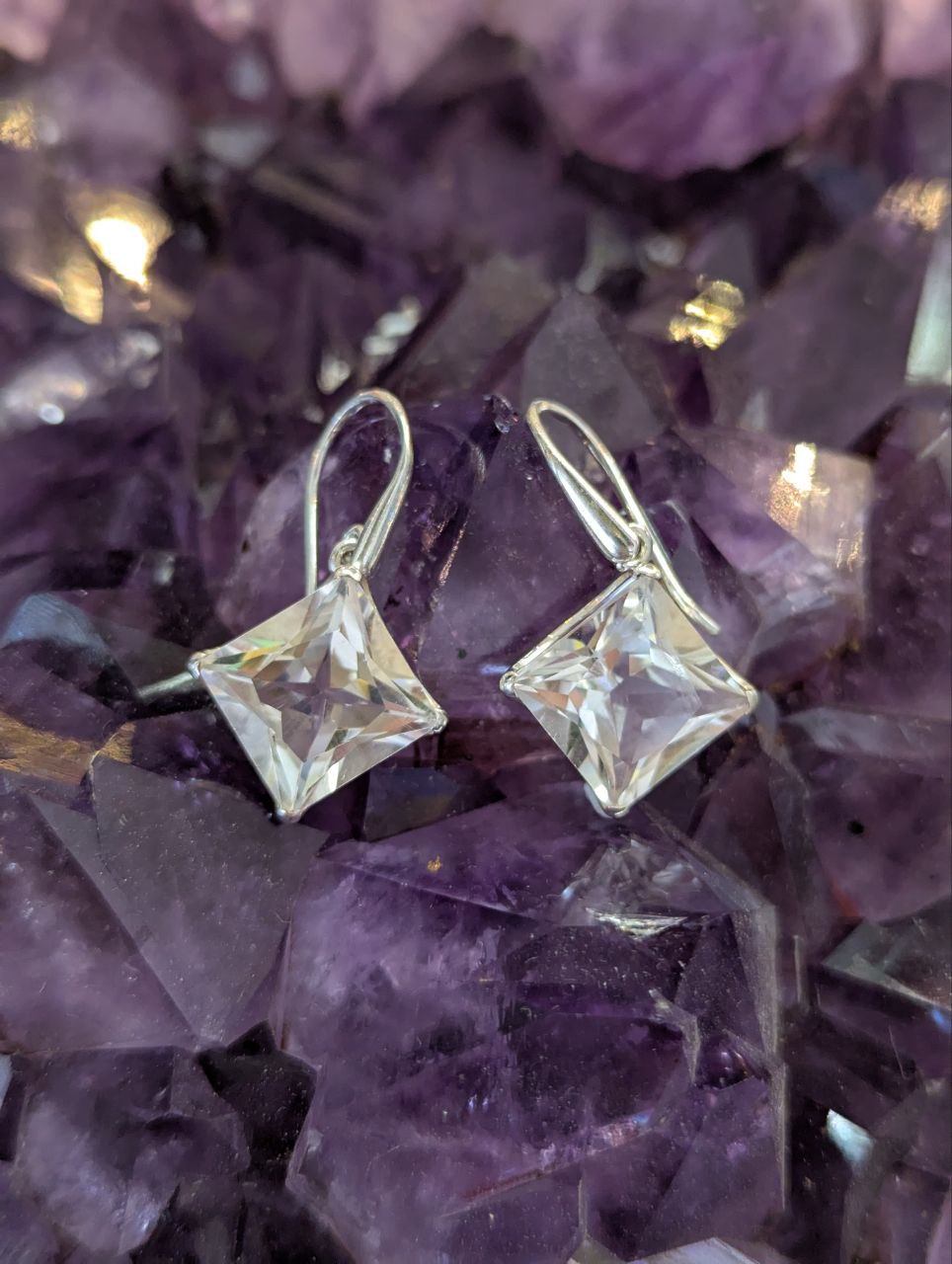 Clear Quartz Faceted Claw Diagonal Square Earrings | 925 Sterling Silver