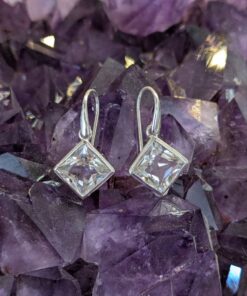 Clear Quartz Faceted Simple Diagonal Square Earrings | 925 Sterling Silver