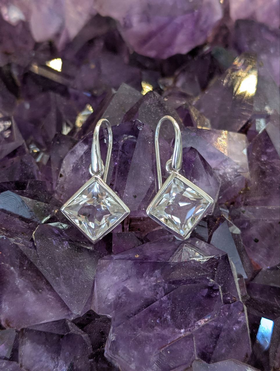 Clear Quartz Faceted Simple Diagonal Square Earrings | 925 Sterling Silver
