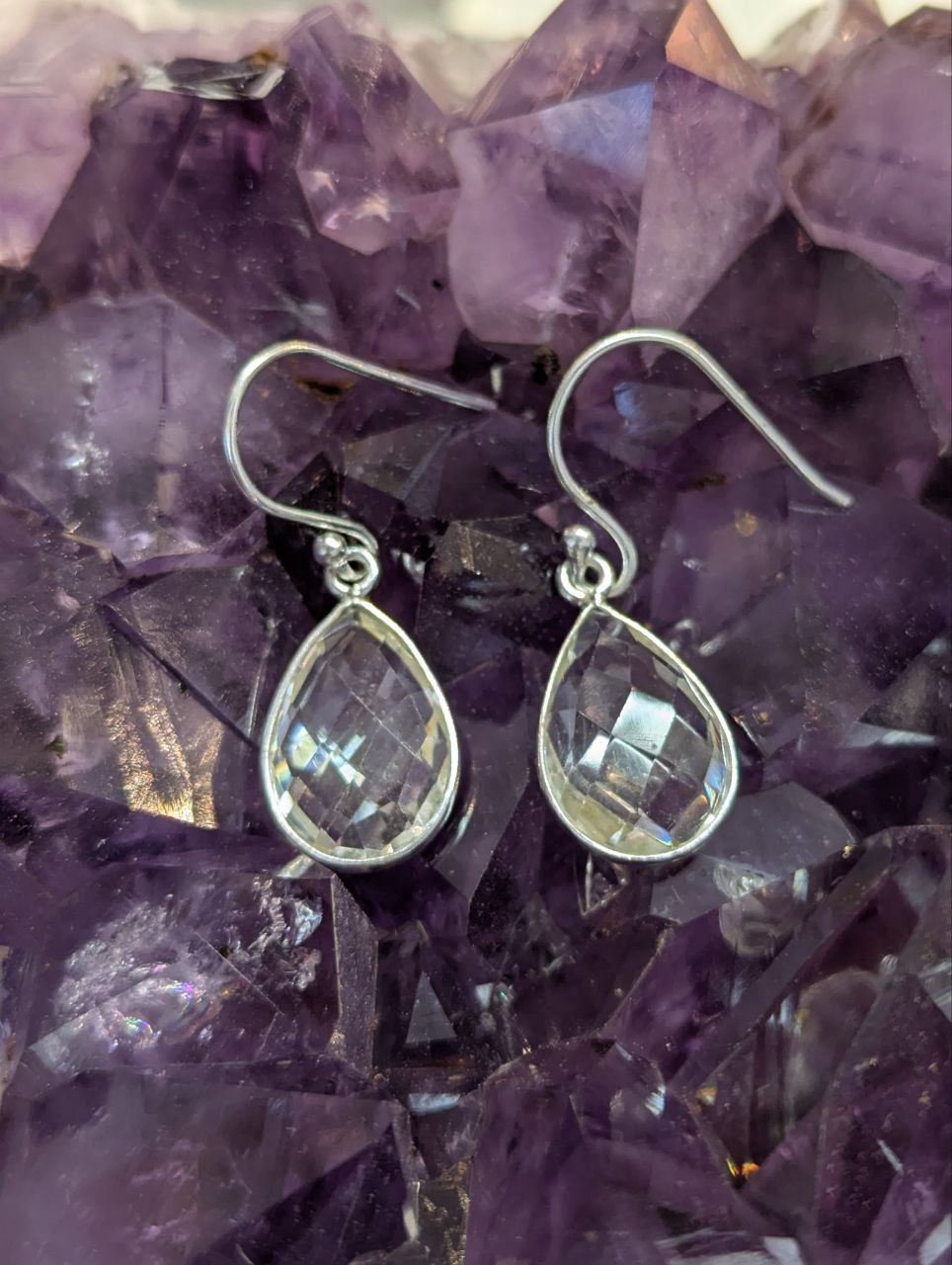 Clear Quartz Checkerboard Simple Teardrop Earrings | 925 Sterling Silver