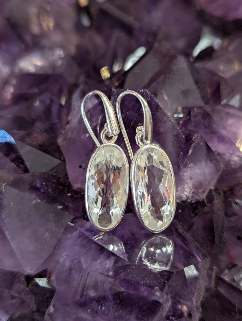 Clear Quartz Oval Checkerboard Simple Earrings | 925 Sterling Silver