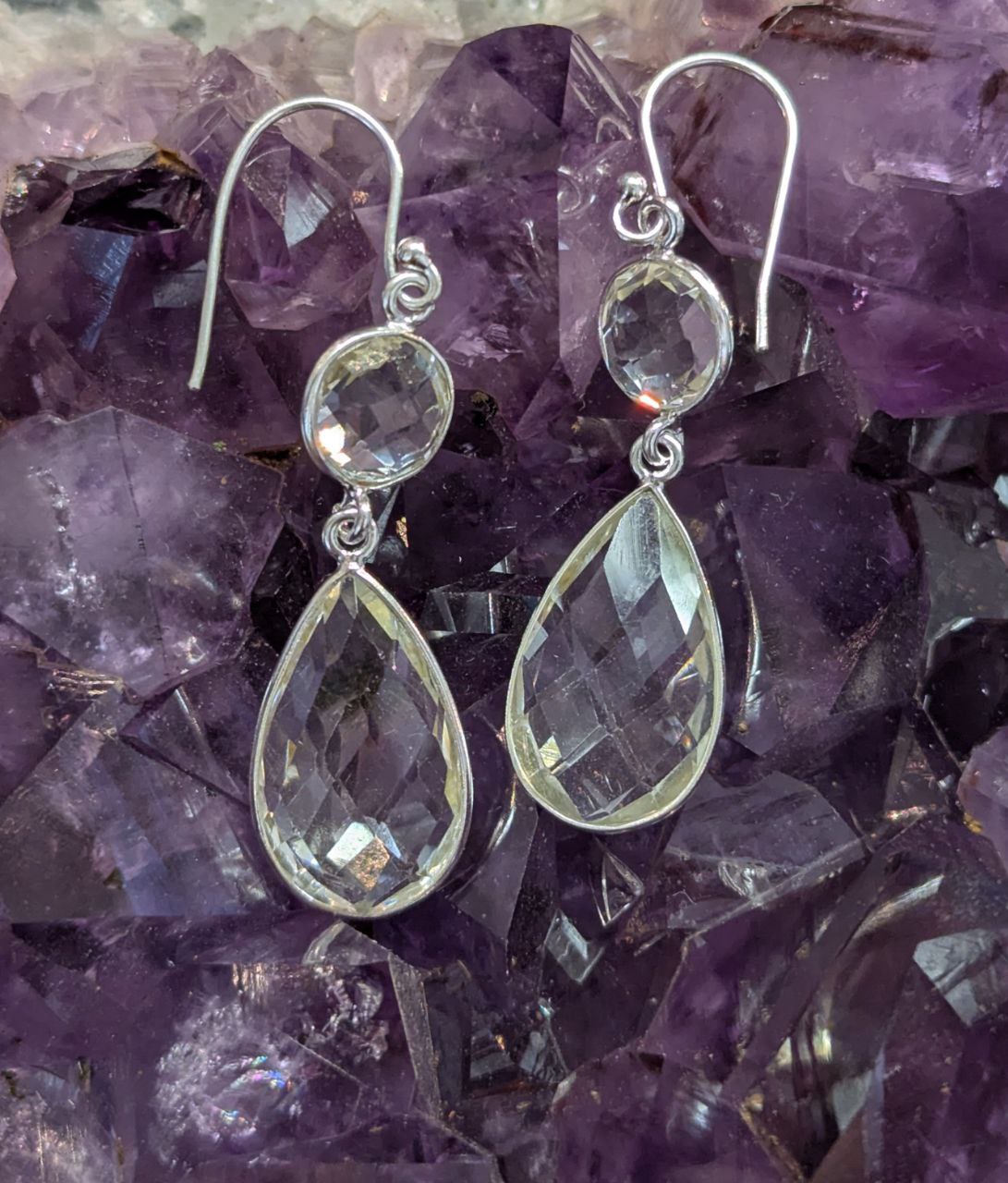 Clear Quartz Two Stone Checkerboard Simple Earrings | 925 Sterling Silver