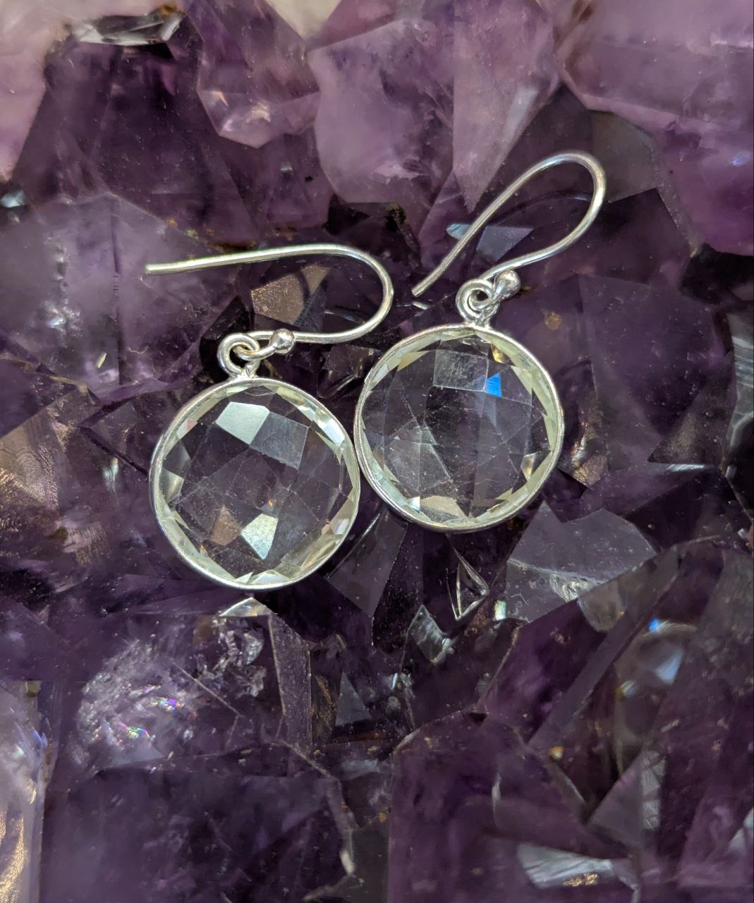 Clear Quartz Checkerboard Round Simple Earrings | 925 Sterling Silver