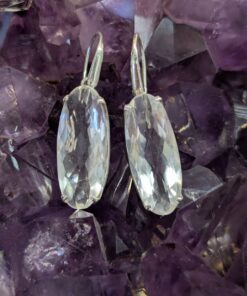 Clear Quartz Long Oval Checkerboard Claw Earrings | 925 Sterling Silver