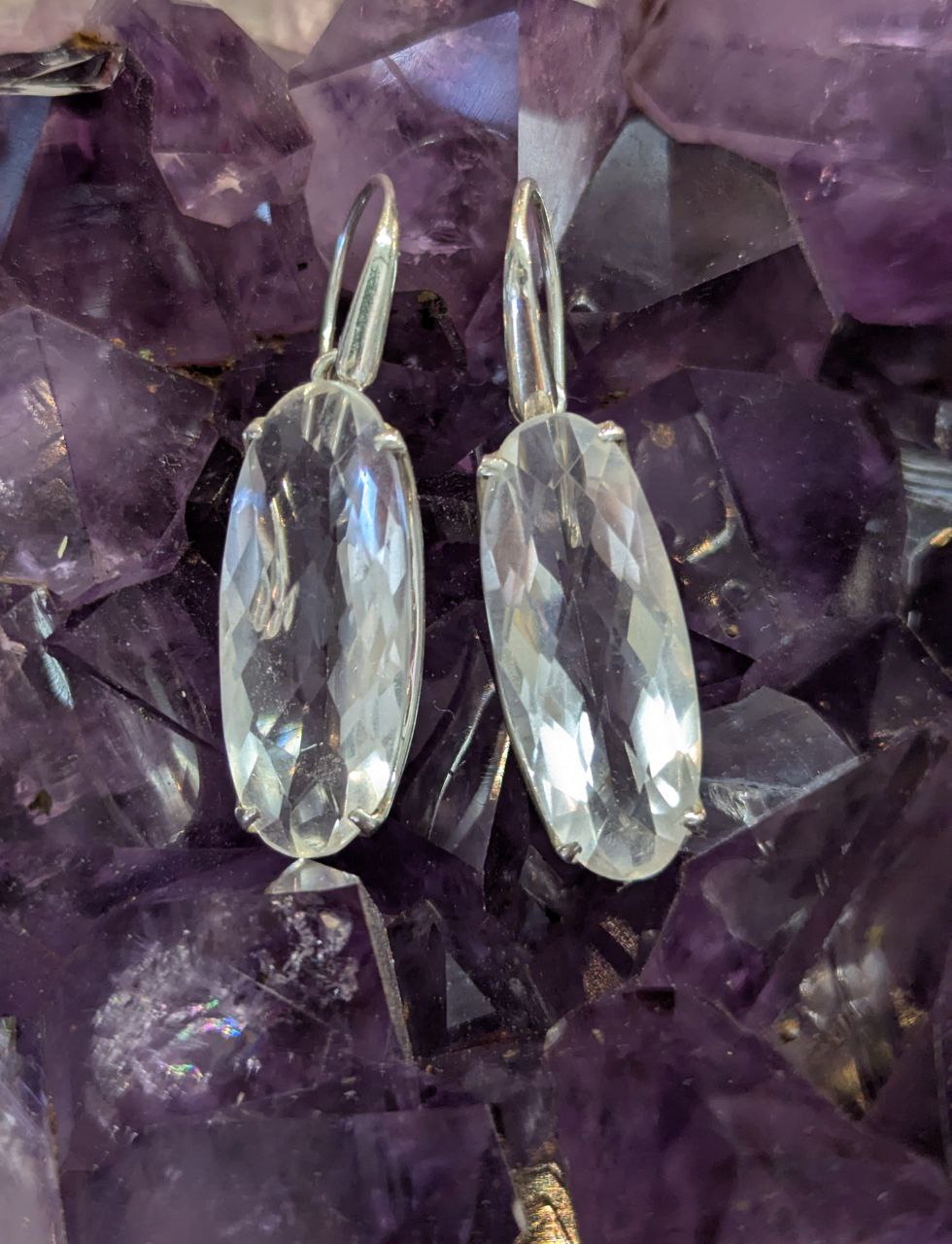 Clear Quartz Long Oval Checkerboard Claw Earrings | 925 Sterling Silver