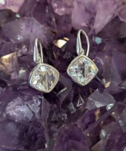 Clear Quartz Faceted Simple Rounded Diagonal Square Earrings | 925 Sterling Silver