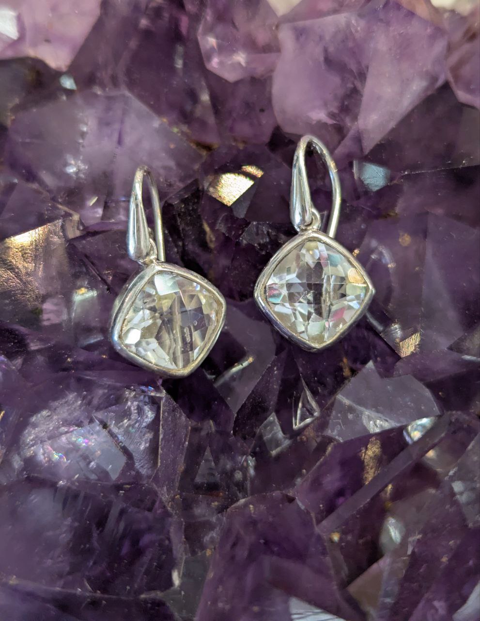 Clear Quartz Faceted Simple Rounded Diagonal Square Earrings | 925 Sterling Silver