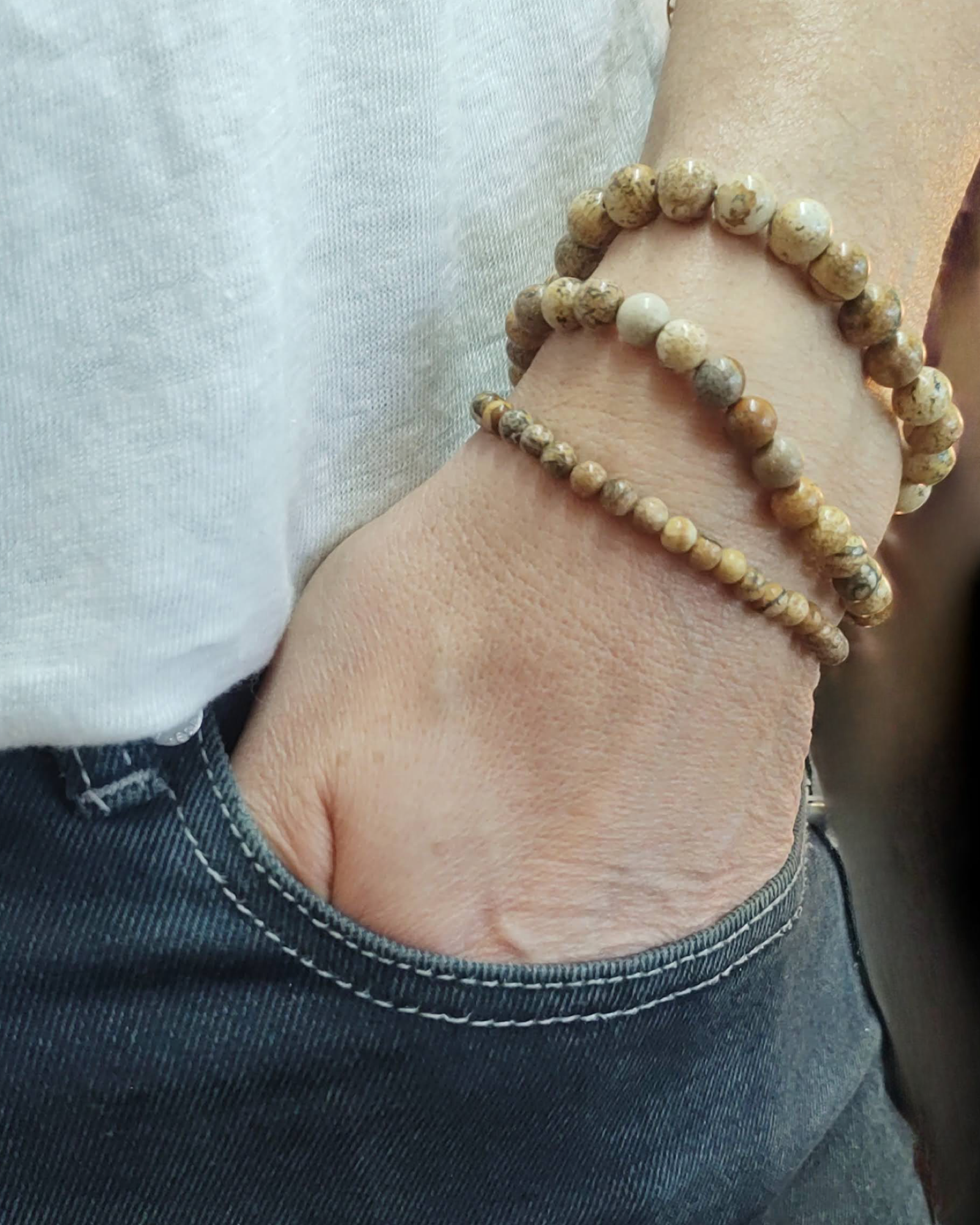 Stretch Bracelets: Picture Jasper 4mm, 6mm, & 8mm Round Beads