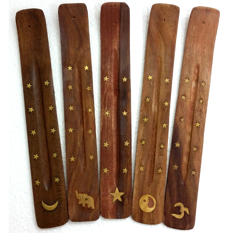 Incense Holder: Wooden with Brass Inlay (Assorted Design Flat)