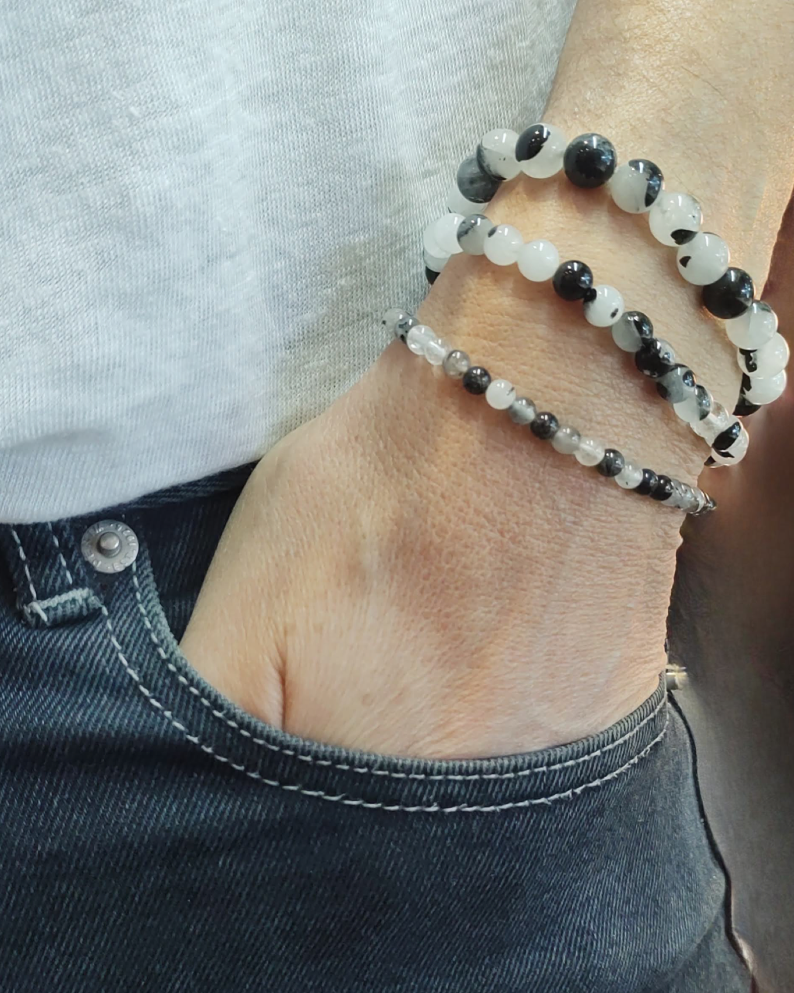 Stretch Bracelets: Black Tourmaline in Quartz 4mm, 6mm, & 8mm Round Beads